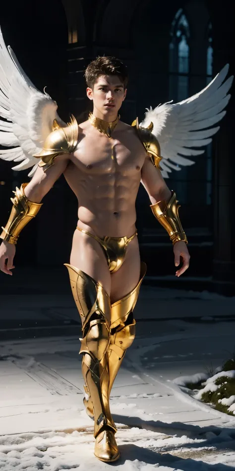 super high resolution, best quality, photo, 4k, (photorealistic: 1.4), cinematic lighting, male angel with large translucent wings, shirtless naked muscular man, abdominal muscles dressed in medieval gold armor, detailed feathers, female angel with large t...