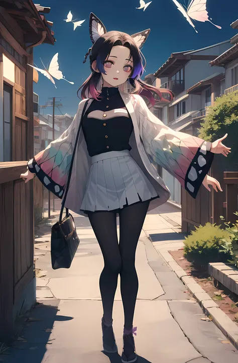 masutepiece, Best Quality, hight resolution, 1girl in, 独奏, kochou shinobu, Decorate your hair with butterflies, violet eyes, Multi-colored long hair, LONG hair, Parted bangs, legs together, skirt by the, Turtleneck Top, outside of house, Erotica, Emphasis ...