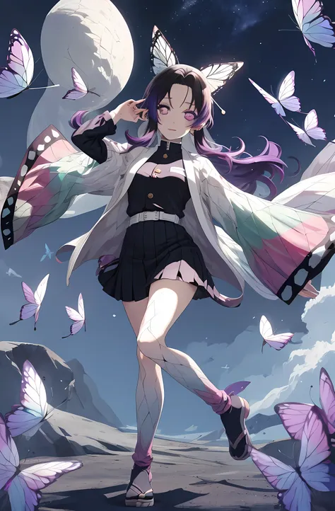 masutepiece, Best Quality, hight resolution, 1girl in, 独奏, kochou shinobu, Decorate your hair with butterflies, violet eyes, Multi-colored LONG hair, LONG hair, Parted bangs, legs together, skirt by the, Turtleneck Top, outside of house, Erotica, Emphasis ...