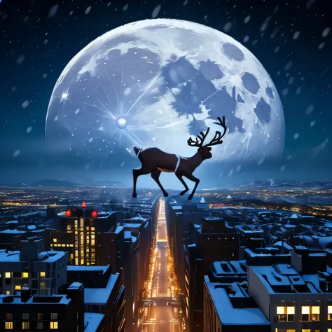 (highest quality:1.5), (masterpiece:1.5), City sky at night, It&#39;s snowing, full moon, (reindeer flying in the sky:1.3), wide shot, shoot from side