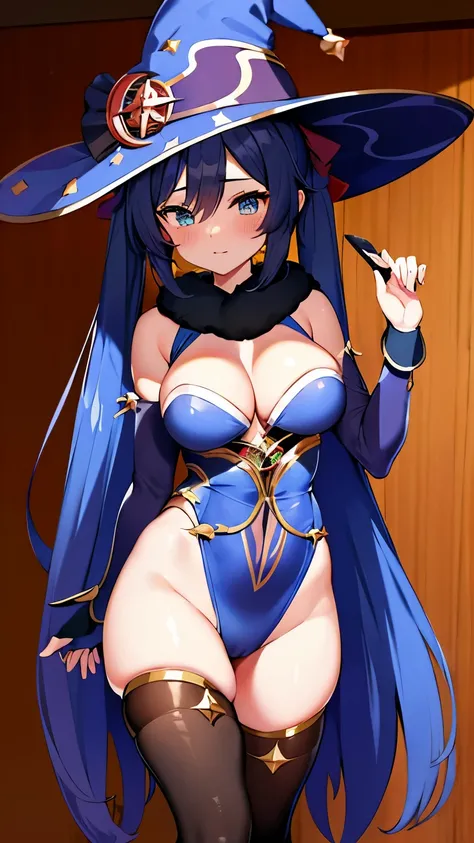 anime character, mona, genshin impact, dark blue hair, blue eyes, wearing a witch hat,Wearing stockings, clothes decorated with moons and stars, new blue clothes, twintail hair, sexy body, adult female