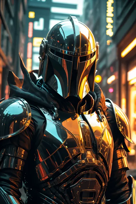 SH4G0D style cyberpunk sprite, cosmic Mandalorian (chrome)