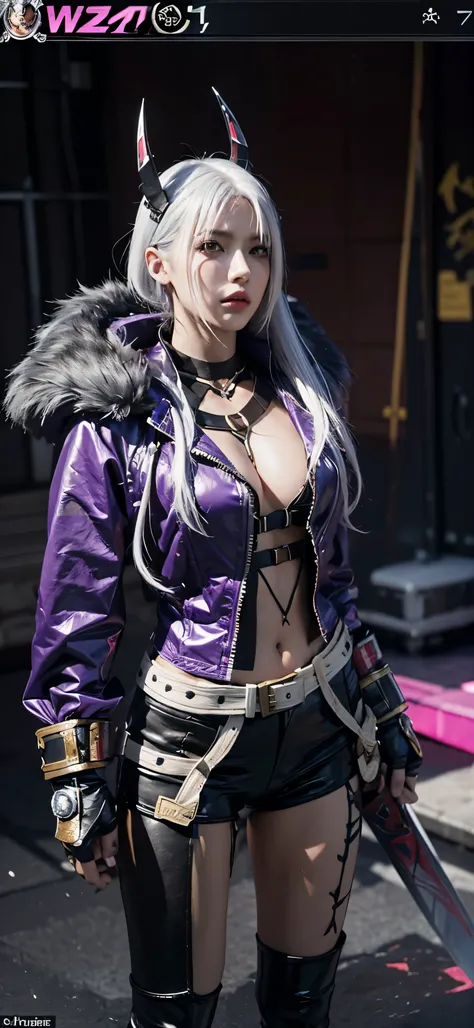 ((realisticity: 1;2)), high kuality, best kuality, a close up of a person in a costume with a sword, as a character in tekken, female character, tifa lockhart with white hair, katana zero video game character, lunar themed attire, kda, slim body, cyborg - ...