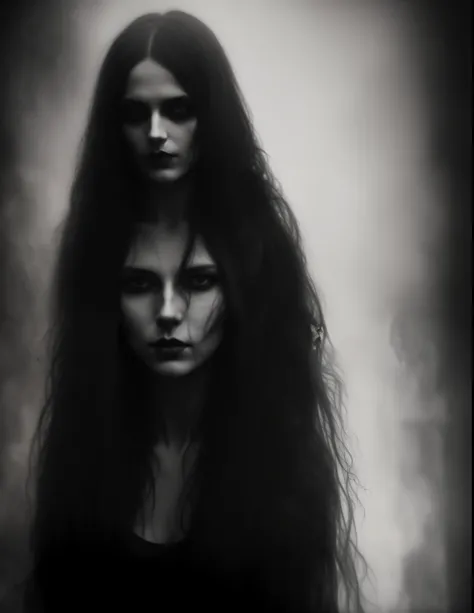 a black and white photo of a woman with long hair and a creepy face, feral languid woman, inspired by Kati Horna, woman made of black flames, shrouded figure, shadowy and eerie character, just art for dark metal music, eerie person, by Relja Penezic, dark ...