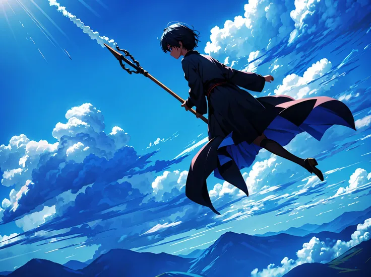 Bright afternoon、Some wizards are racing on flying broomsticks under the blue sky。They raced through the clouds、chasing each other。vast sky and distant mountains々in the background、Conveys the sense of freedom of flight。