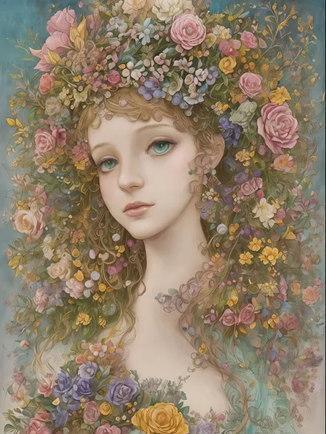 There is a woman wearing a cake crown on her head., inspired by james christensen, Floral Couture, Decorated with all kinds of sweets, A woman made of sweets, Floral headdress, inspired by Daniel Merriam, inspired by Cecil Beaton, flower queen, organic hea...