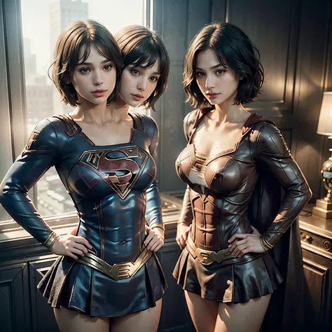 best quality, realistic, photorealistic, award-winning illustration, (intricate details: 1.2), (delicate detail), (intricate details), (cinematic light, Supergirl with extremely sexy short hair, (two heads)