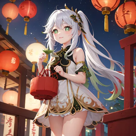 a cute girl, lunar new year, outdoor, night, firework,