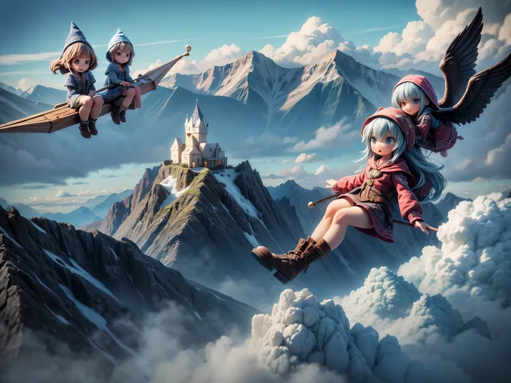 Three wizard girls are ((flying over the sky)) on broomsticks, high mountains and clouds in the background 