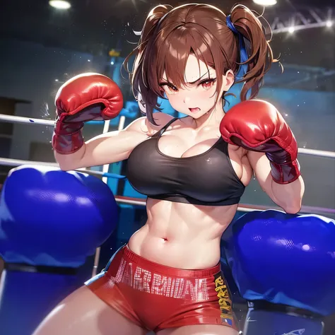 anime girl with boxing gloves and a bra top posing for a picture, in a boxing ring, Chun Li at the gym, Makoto, Shes ready to fight, female main character 👀 :8, in a fighting posture, Makoto shinka, posing, ready for battle, fighter pose, fighting pose, bo...