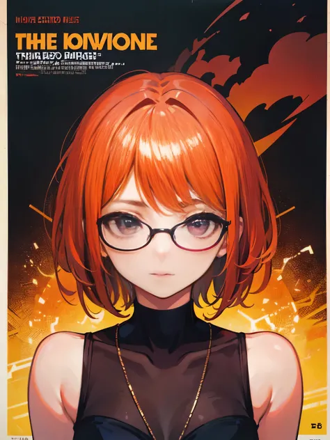 master piece、high resolution、1 girl、horror、suspense fiction,horror映画,movie poster,Movie Quotes,1980s movie references, Reddish-purple eyes、 short hairstyle、Straight short、orange hair、cute girl、wearing glasses、、