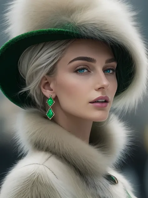 a close up of a woman wearing a Light Green hat and earrings, sleek dark fur, Light Green Fur, Russian style, very beautiful fur, fine fur, Dasha Taran, dark fur, Fur details, top hat, Anastasia Ovchinnikova, Light Green hat, synthetic fur, Elena Belova, w...