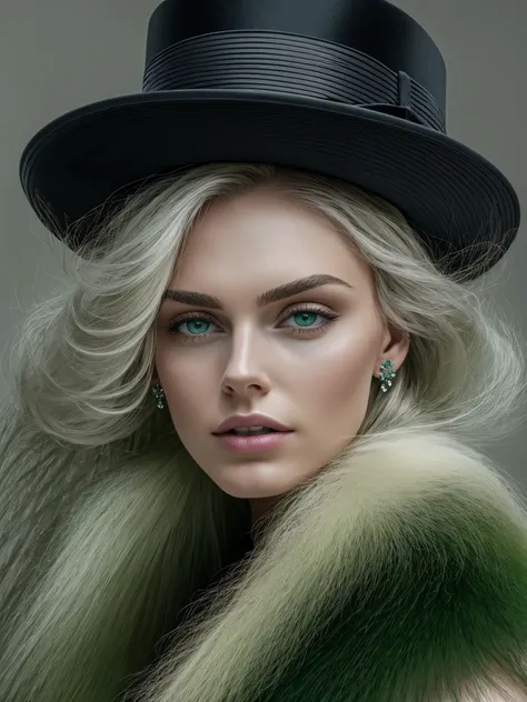 a close up of a woman wearing a Light Green hat and earrings, sleek dark fur, Light Green Fur, Russian style, very beautiful fur, fine fur, Dasha Taran, dark fur, Fur details, top hat, Anastasia Ovchinnikova, Light Green hat, synthetic fur, Elena Belova, w...