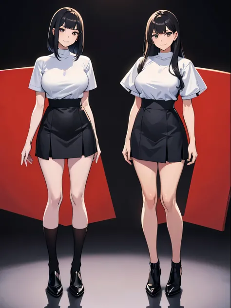 Two girls in a group photo，Tall，full，Good figure，Short-sleeved tight-fitting top，short skirt，standing posture，Smiling，black hair，Full body standing painting，Blank background