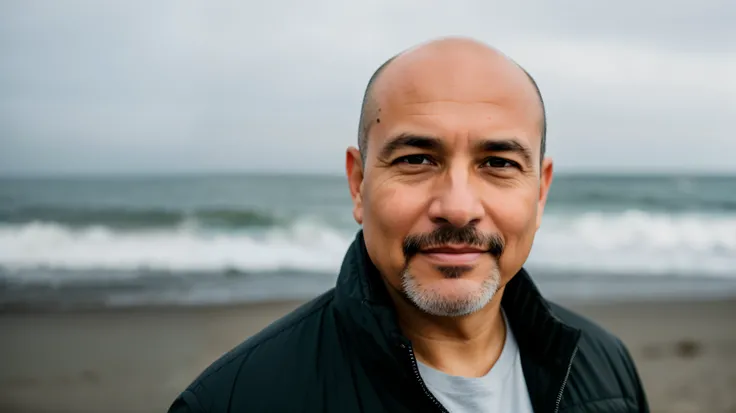 Photo of 42 y.o man in black clothes, bald, face, half body, body, high detailed skin, skin pores, coastline, overcast weather, wind, waves, 8k uhd, dslr, soft lighting, high quality, film grain, Fujifilm XT3