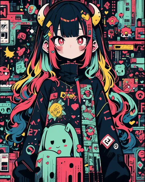 hightquality、neon color palette、high-level image quality、Kawaii Girl、Unprecedented amount of drawing、anime styled、Geometric pattern background、sticker style、long hair、black hair、red eyes, heart-shaped pupils, wavy hair, menhera, loose clothing, black dress...