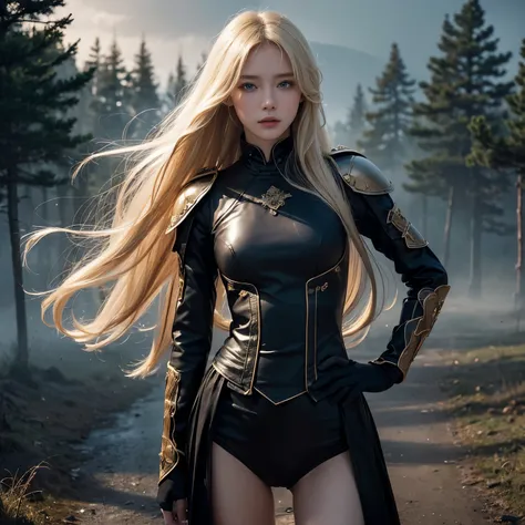 ((Best quality)), ((masterpiece)), (detailed:1.4), 3D, photorealistic, masterpiece, photorealistic, high resolution, soft light, charming Russian model Nata Lee, light blonde hair, hips up, black 17th century wears skin - tight Japanese body armor, standin...