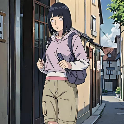 Hermosa madura hinata hiuga, pechos medianos, piernas delgadas, usando pantalones cortos de mesclilla, caminando por la calle estilo pueblo de la hoja, sonrriendo, sonrrojada