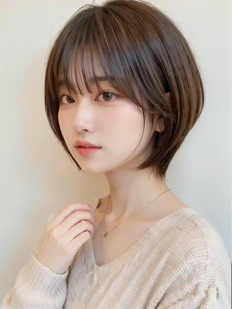 (highest quality、8K、32K、masterpiece、nffsw:1.2)、cute日本人女性の写真、long sleeve dress、very short bobbed hair、Upper body、surface focus、extra large size_sweater、necklace、simple background、From above、looking at the viewer、mix 4、(8K、Raw photo、highest quality、masterpie...