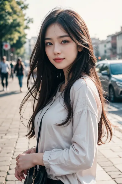 (8k, Best Quality, Masterpiece:1.2), (Realistic, Photorealistic:1.37), Ultra Detail, 1 Girl,Cute,Solo, Portrait, street photography, natural light, bokeh, Chinese beauty, long silky hair, chic and comfortable, casual clothing, Beautiful Detailed Sky,Date,(...