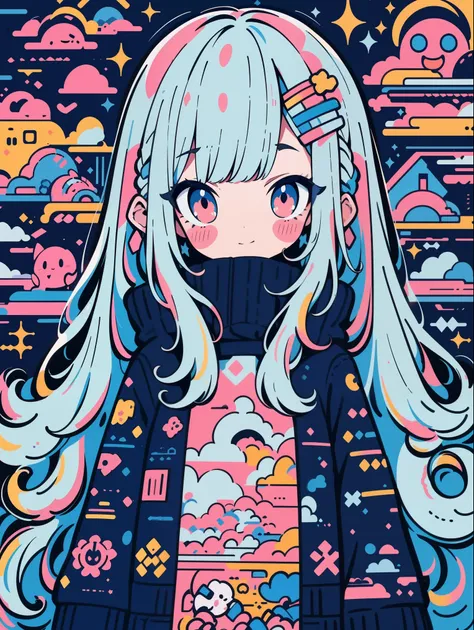 hightquality、Colorful color palette、high-level image quality、Kawaii Girl、Unprecedented amount of drawing、anime styled、Geometric pattern background、front facing、sticker style、Long hair、light blue hair、purple eyes