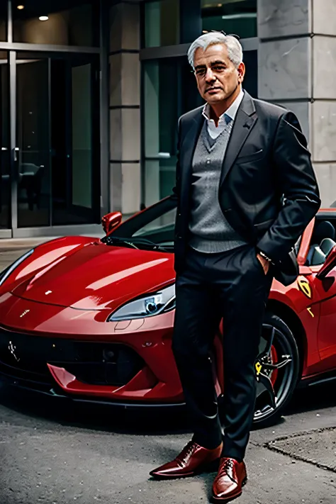 hombre maduro con pelo gris, atractivo, exitoso, rich next to a Ferrari car in a red color characteristic of the Ferrari brand