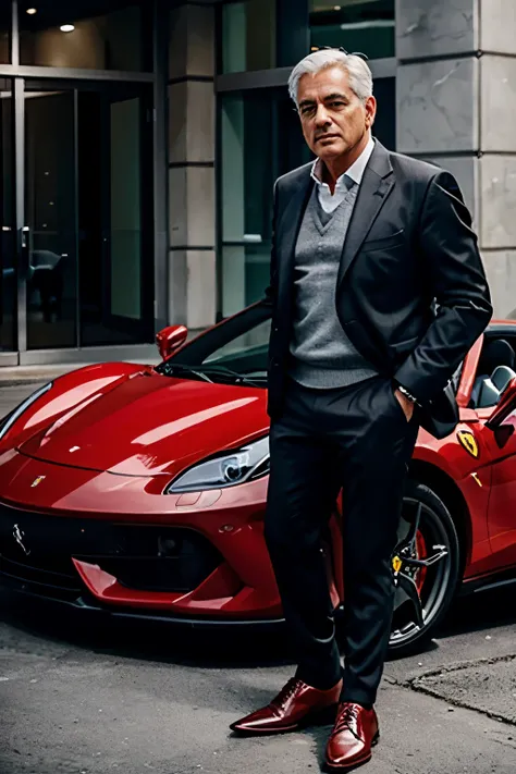 mature man with gray hair, attractive, successful, rich next to a Ferrari car in a red color characteristic of the Ferrari brand