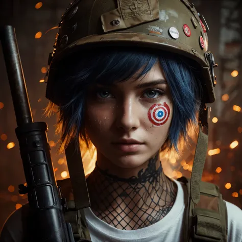 hyper realistic photography, teasing image, mysterious backlight face shade of fictional character: an edgy caucasian girl, detail facial, frackles, pore, moist skin detail, sweating, hot, band aid on her cheeks, short blue hair, wear soldier helmet full b...