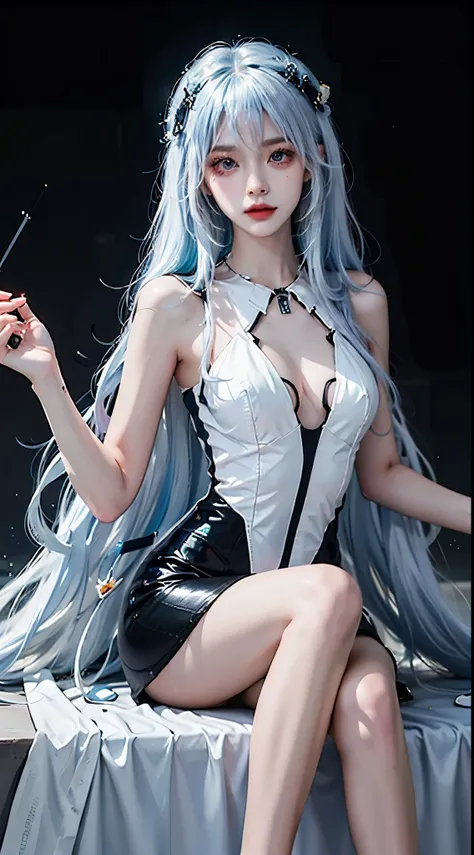 lacia costplay costume,  ((Knee Shooting)),（masterpiece、best quality、high resolution），（Colorful background，（splash of color）），sweet girl，Light blue and white medium length hair，[light blue|pink]hair，curls，sparkling，红pink的嘴唇，The cracks are relatively large，...