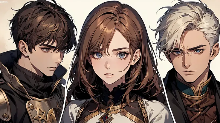 1 handsome man, 1 beautiful girl, man in short white hair, girl in brown hair, medieval times, knight, confused face, face detailed, plump lips, no expression, calm face, detailed eyes, detailed nose