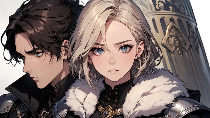 1 handsome man, 1 beautiful girl, man in short white hair, girl in brown hair, medieval times, knight, confused face, face detailed, plump lips, no expression, calm face, detailed eyes, detailed nose, warrior, face full of expressions
