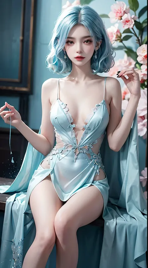  ((Knee Shooting)),（masterpiece、best quality、high resolution），（Colorful background，（splash of color）），sweet girl，Light blue and white medium length hair，[light blue|pink]hair，curls，sparkling，红pink的嘴唇，The cracks are relatively large，splash of color，Volumetr...