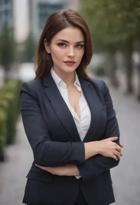 ultrarealistic photo, a portrait of a businesswoman in a suit and tie, with large breasts