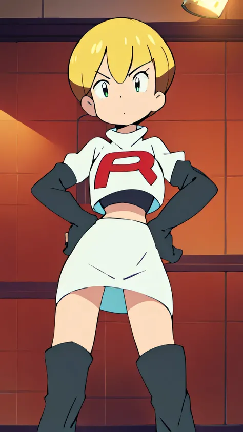 1girl in, (Solo:1.2), (Perfect body:1.1), (Best Quality:1.1), , very large breast, hands on hip,team rocket uniform, red letter r, white skirt,white crop top,black thigh-high boots, black elbow gloves, glaring angrily, looking at viewer, hands on hips, ful...