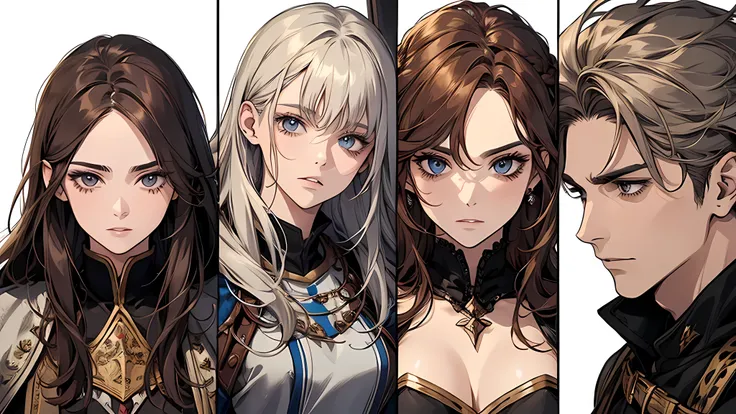 1 handsome man, 1 beautiful girl, man in short white hair, girl in brown hair, medieval times, knight, confused face, face detailed, plump lips, no expression, calm face, detailed eyes, detailed nose, warrior, face full of expressions