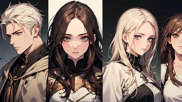 1 handsome man, 1 beautiful girl, man in short white hair, girl in brown hair, medieval times, knight, confused face, face detailed, plump lips, no expression, calm face, detailed eyes, detailed nose, warrior, face full of expressions
