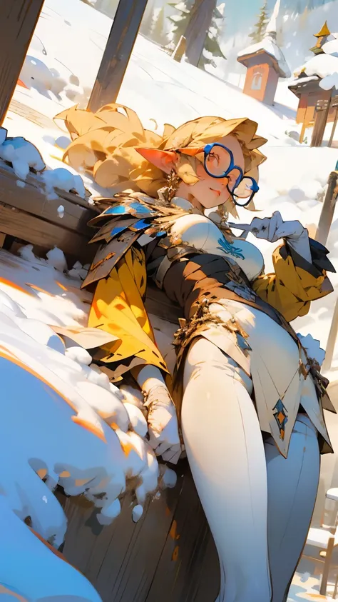 glow，masterpiece, beautiful, 4K, best quality, oil painting portrait style， cute face, big breasts,  blonde，round frame glasses，pointed ears， white pantyhose，whole body，standing posture，clock，ski，snow mountain，Lying in the snow，Lie on your back