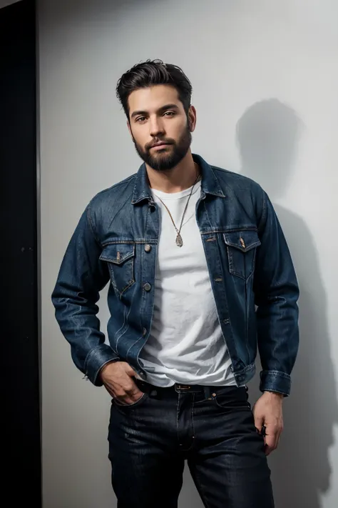 light beard boy with dark blue jean jacket and black shit , plain white background