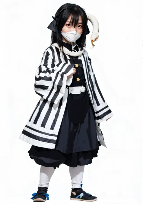 Korean girl, yellow eyes, blue eye on the other. White cloth covering mouth, long black hair, white snake wrapped around neck, black dress, white robe, black pattern.