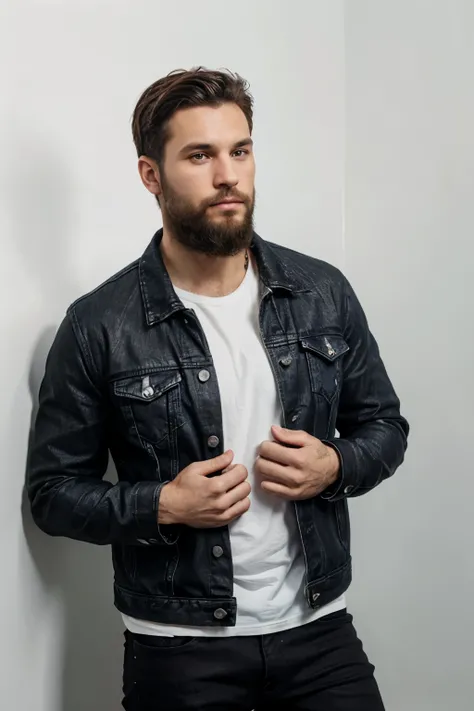 short beard men with dark jean jacket and black shit , plain white background