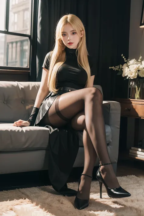 (full body:1.5)，(1girl:1.3),(view the viewer:1.4)，(anatomy correct:1.4),(Opaque pantyhose and pointed thick heels :1.3),(Sitting on the sofa in the living rooms:1.2),(Wearing a high waisted skirt:1.2),(Extra Long blonde Hair:1.2),(Accurate and perfect face...