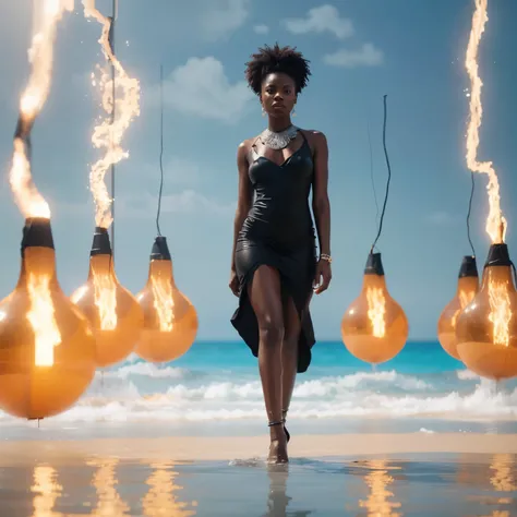 Black melanin woman wearing a black African designed dress, standing in an empty space surrounded by water, dark scene with a white neon shining ball in the background lighting the scene, creating a grey and white colour grading, cinematic scene, artgerm s...