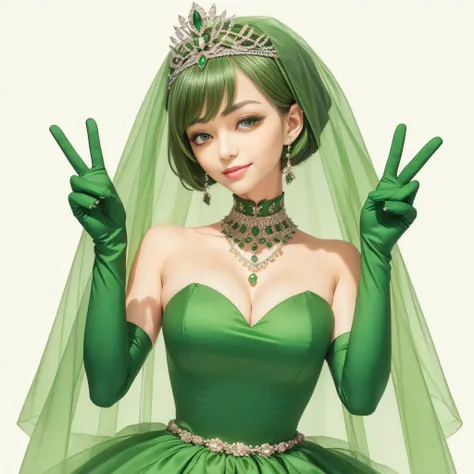 emerald tiara, green pearl necklace, boyish very short green hair, lipstick, smiling Japanese woman, very short hair, big breasts beautiful, green eyes, Long Green Satin Gloves, green eyes, V sign, emerald earrings, green veil
