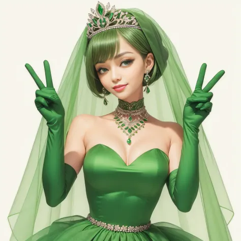 emerald tiara, green pearl necklace, boyish very short green hair, lipstick, smiling Japanese woman, very short hair, big breasts beautiful, green eyes, Long Green Satin Gloves, green eyes, V sign, emerald earrings, green veil
