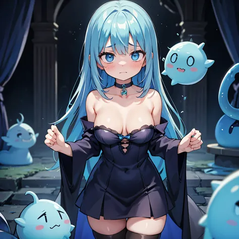 girl, In a dark castle, Blue Slime, necklace, stockings, Tricky glance, embarrassed, 