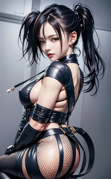 lolita prostitute， smile， 20-year-old， （（best quality））， （（master piece））， （khd：1.3）， 3D， big breasts beautiful （cyberpunk characters：1.3）， Stylish woman looking at camera ，He has a black rope in his hand，Black leather clothing， No sleeve， embarrassing，wav...