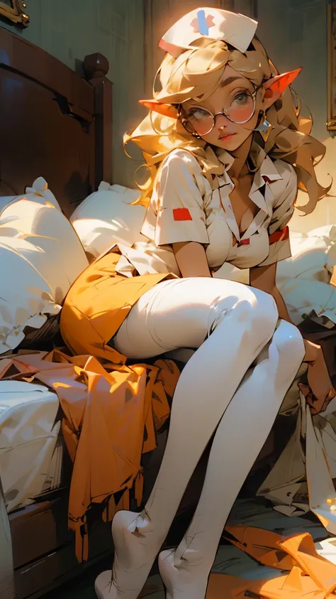 glow，masterpiece, beautiful, 4K, best quality, oil painting style， cute face, big breasts, blonde，round frame glasses，pointed ears， white pantyhose，whole body，Nurse，No shoes，Lying in bed，仰面Lying in bed，open chest clothes，V-neck