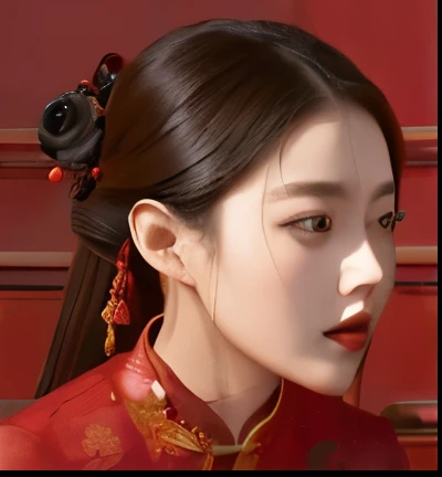 a close up of a woman in a red dress holding a cell phone, wearing a red cheongsam, hanfu, sha xi, palace ， a girl in hanfu, lulu chen, cheongsam, chinese style, 2 d cg, li zixin, cai xukun, yun ling, style of guo hua, inspired by Chen Daofu