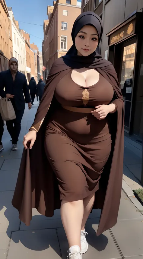 woman in brown dress and hijab walking down the street, wearing brown clothes and cape, hijab outfit, with a long brown cape, hijab fashion model, plus size, plus size woman, wearing brown robe, woman in brown robes, beautiful burqas woman, thicc, brown ou...