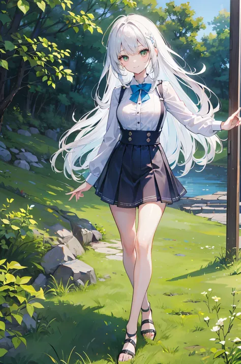 white haired young woman, 7 years old,;;;;;;;;, golden eyes, long hair,Green braid tied in bows left and right.........,, Wear a blue sleeveless shirt......button up.  white short skirt, walking on grass...With a slightly smiling face...Two finger pose